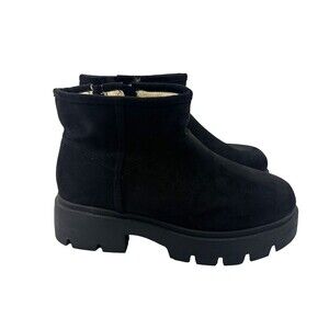 Torrid Lug Sole Bootie Pull On Short Black Faux Suede Fleece Lined 12 WW Wide